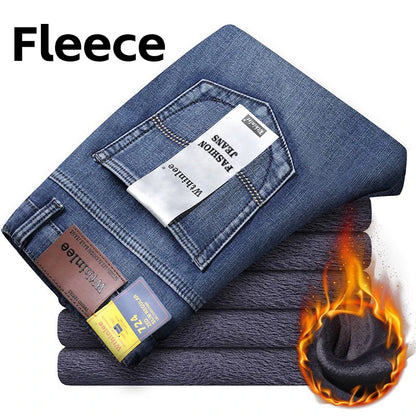 Men's Classic Stretch Jeans - Business Casual Straight Leg Denim Work Trousers in Blue & Black