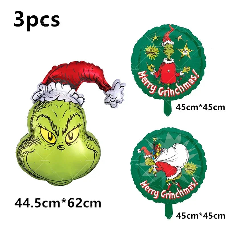 Grincs Christmas Party Balloon Decoration Set – Merry Xmas Banner Cake & Disposable Tableware Supplies Green Red