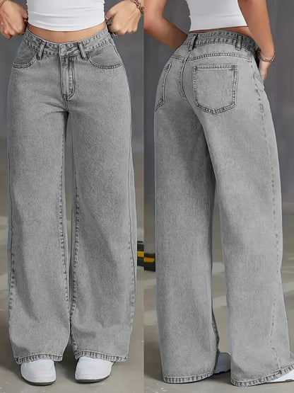 Women’s Autumn High-Waisted Wide-Leg Jeans – Light Grey Washed Loose-Fit Casual Denim Pants