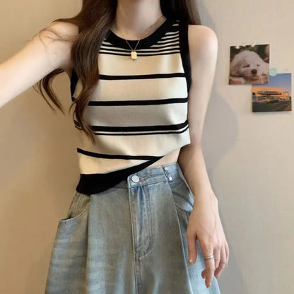 Women's Casual Striped Knit Sleeveless Tank Top with Contrast Trim – Pink, Black & White