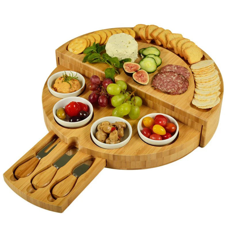 Cheese Board Set with Slide-Out Drawer – Cutlery Cutter, Slicer, Fork, Scoops & Kitchen Storage Tools