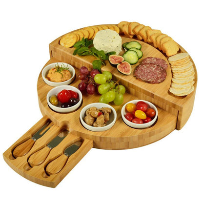 Cheese Board Set with Slide-Out Drawer – Cutlery Cutter, Slicer, Fork, Scoops & Kitchen Storage Tools