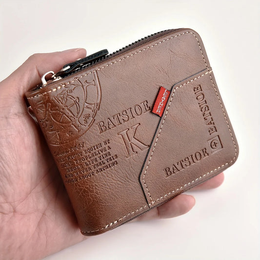 Men’s PU Leather Wallet – Wax Oil Skin Short Purse with Zipper, Coin Pocket & Card Holder