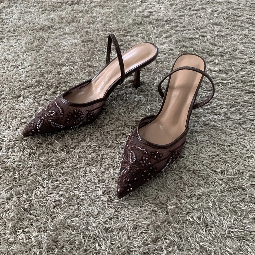 2026 Beaded Mesh Slingback Heels - Women's Pointed Toe Luxury Summer High Heel Sandals