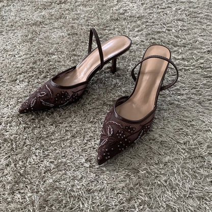 2026 Beaded Mesh Slingback Heels - Women's Pointed Toe Luxury Summer High Heel Sandals