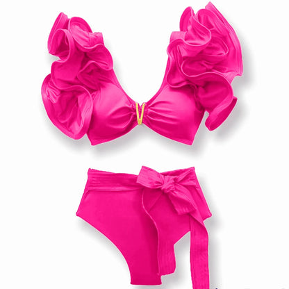Sporlike V-Neck Ruffled Bikini Set – High Waist Sexy Printed Two-Piece Swimsuit for Women 2025