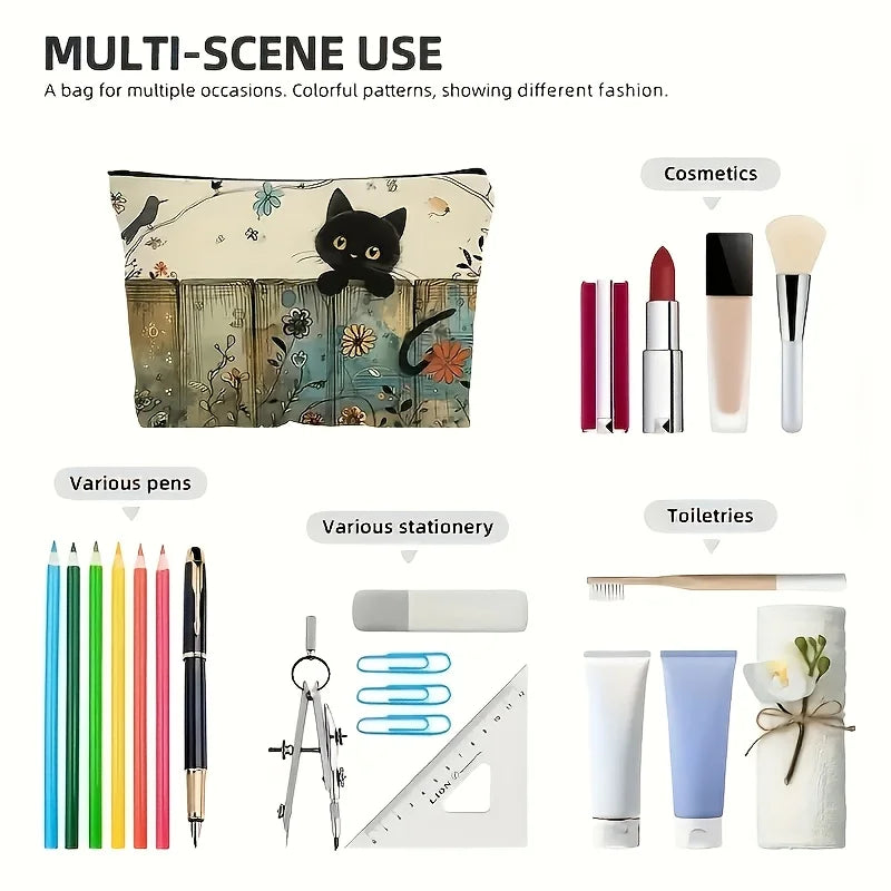 Black Cat Floral Zipper Pouch - Vibrant Fade-Resistant Cosmetic Bag for Cat Lovers