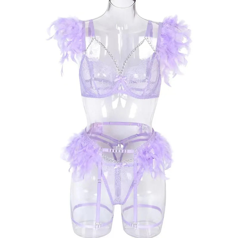 Sexy Lace G-String Lingerie Set - Feather Detail Trikini with Metal Chain and Garter Belt