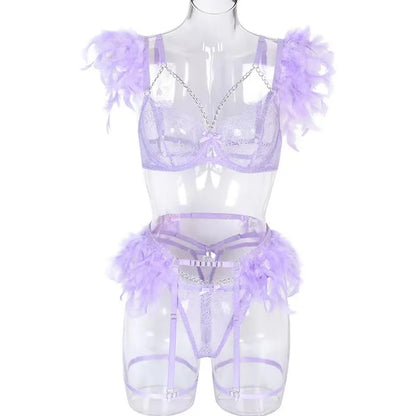 Sexy Lace G-String Lingerie Set - Feather Detail Trikini with Metal Chain and Garter Belt