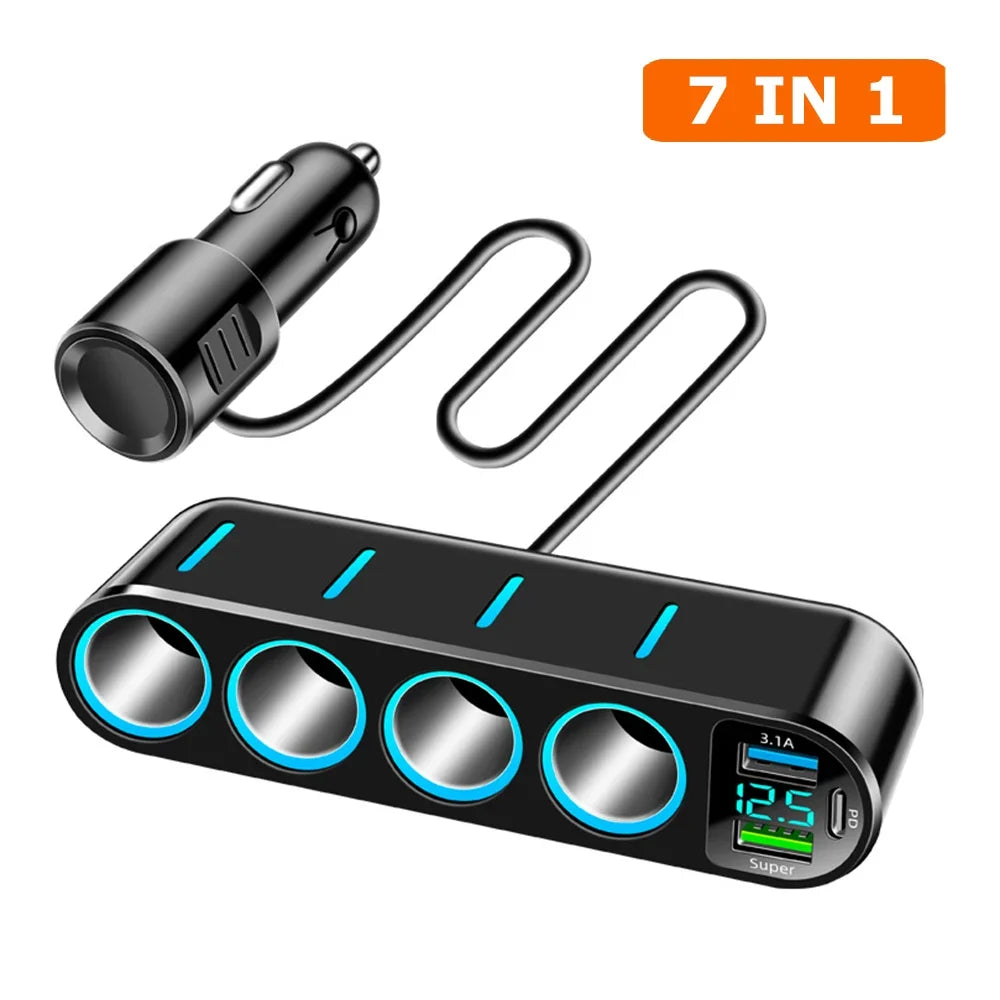 7-in-1 Car Fast Charger Adapter - 12–24V 66W PD Dual USB Cigarette Lighter Splitter with 4 Power Sockets