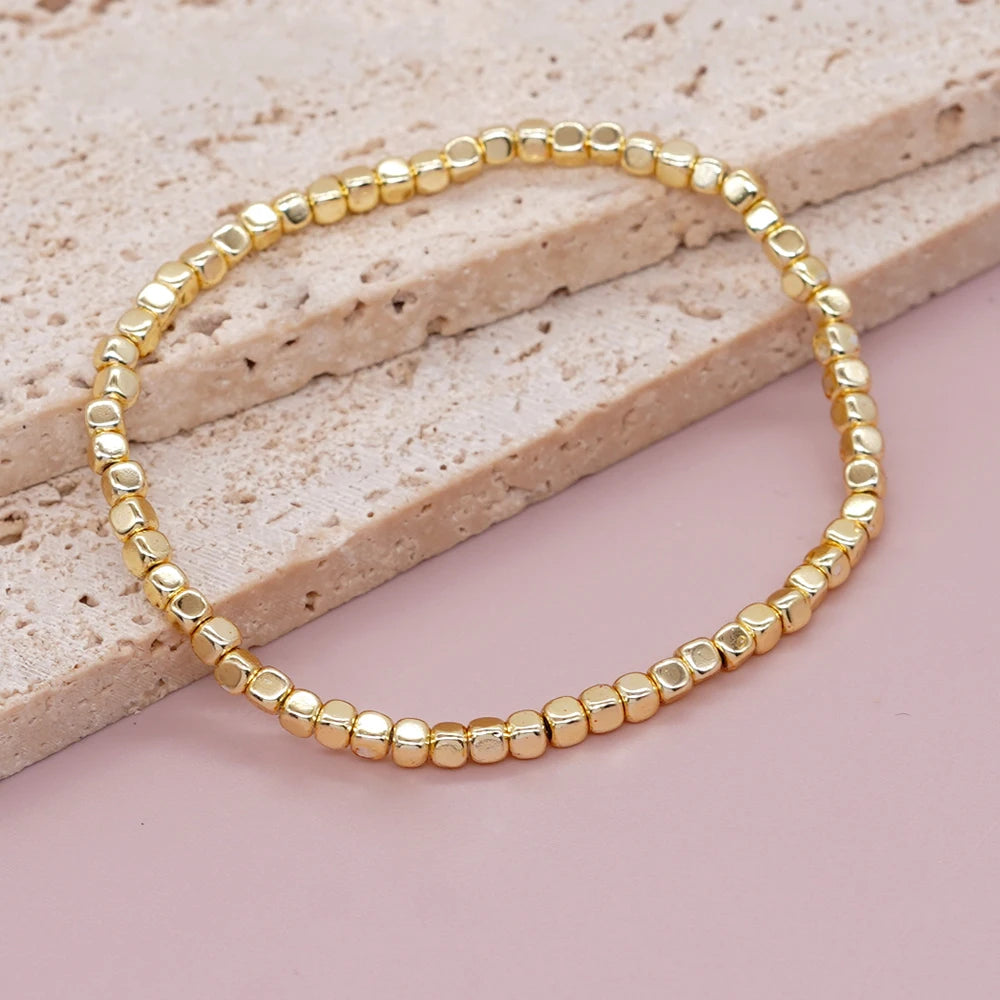 Go2boho Hematite Stone Beaded Bracelet – Handmade Gold Elastic Stretch Stackable Unisex Jewelry