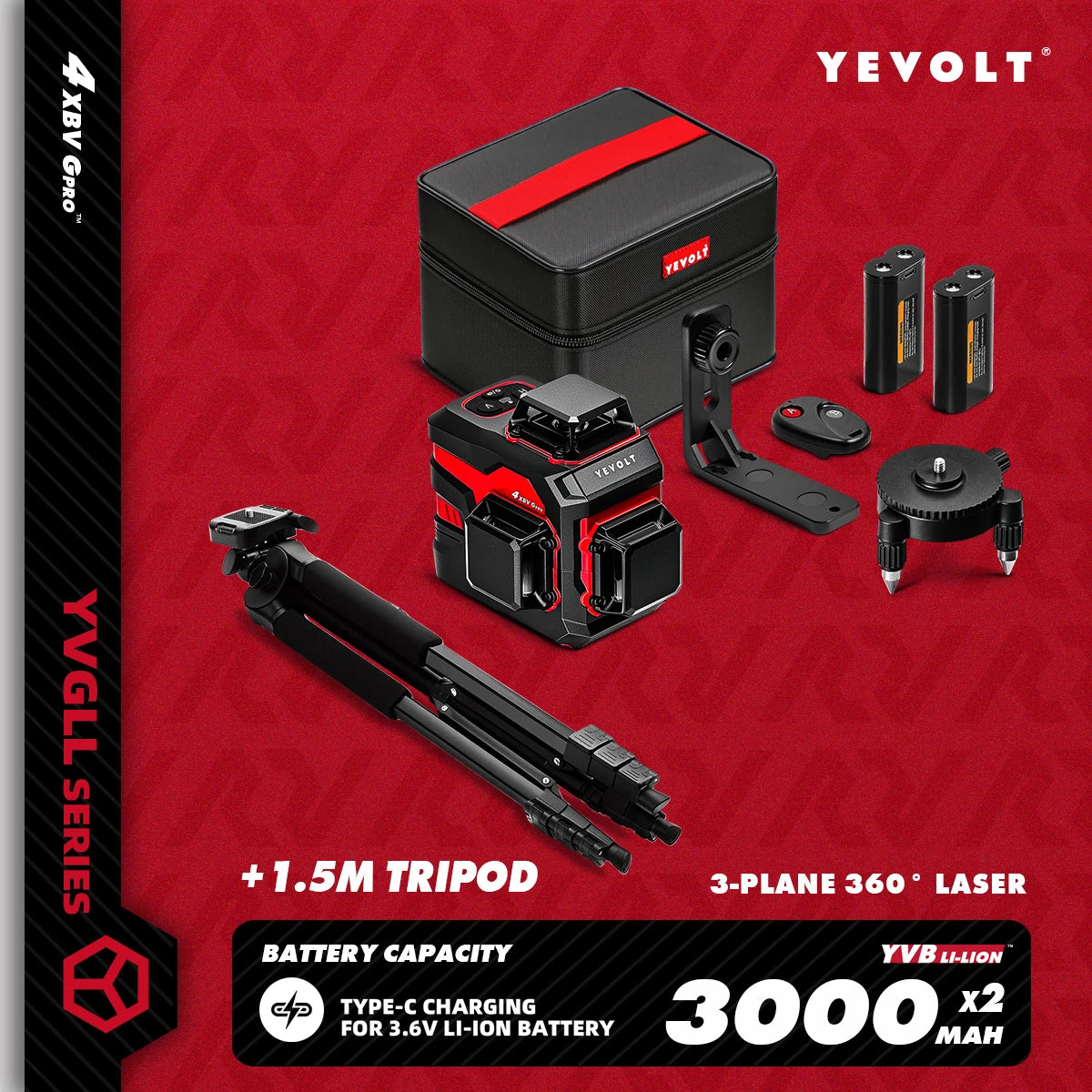 YEVOLT YVGLL4XS12 12-Line Green Laser Level – ±0.2mm/m Precision, IP54 Waterproof, Auto-Leveling with Slope Mode