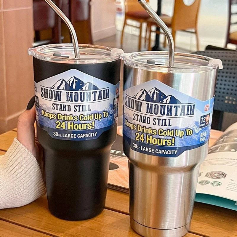 Magic Stainless Steel Thermos Cup with Straw – Vacuum Insulated Ice Coffee Travel Bottle for Car, Outdoor & Mountain Use