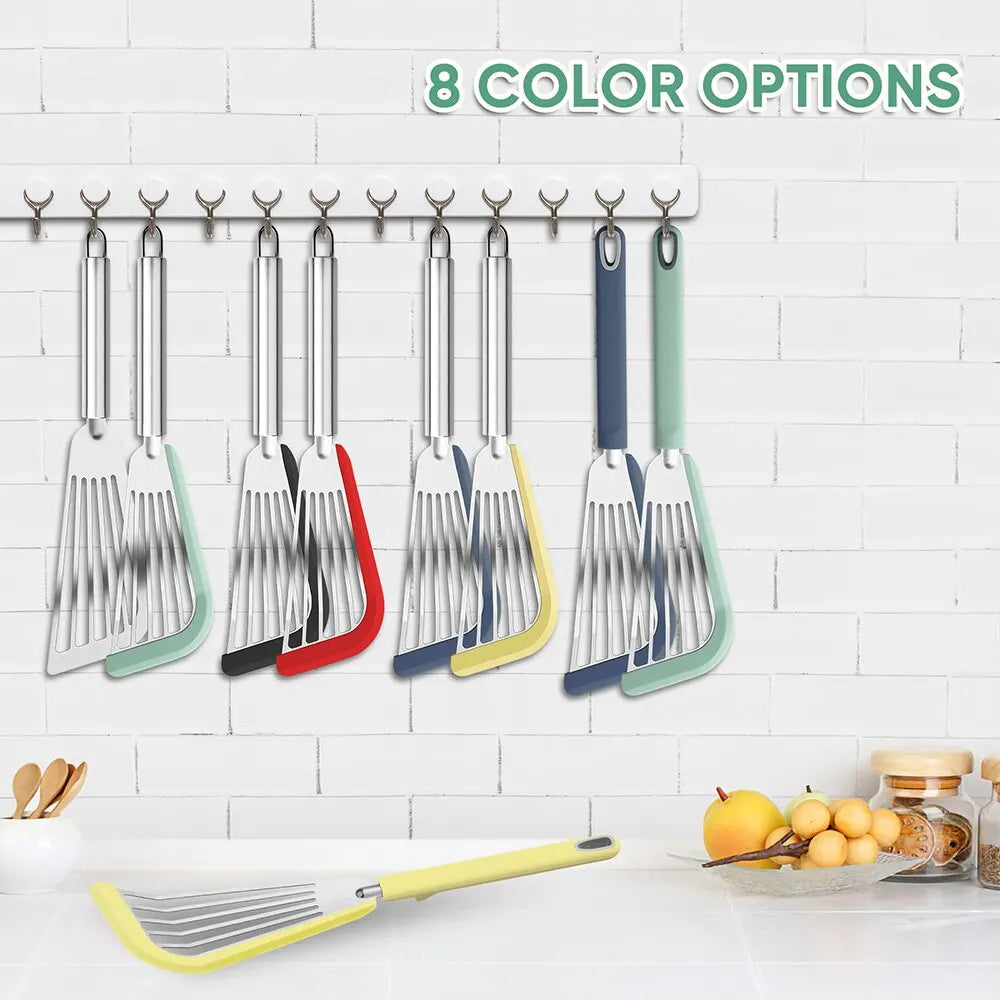 Silicone-Edged Fish Spatula - Stainless Steel, Heat-Resistant, Slotted Turner for Cooking