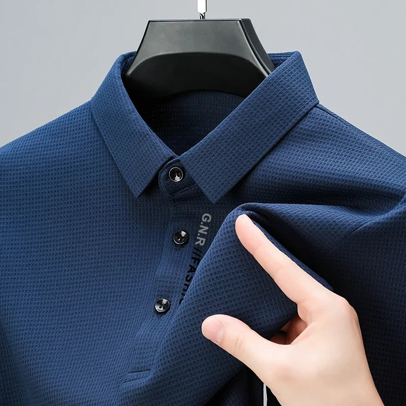 Men's Waffle Long Sleeve Polo Shirt - Letter Print Casual Lapel Top