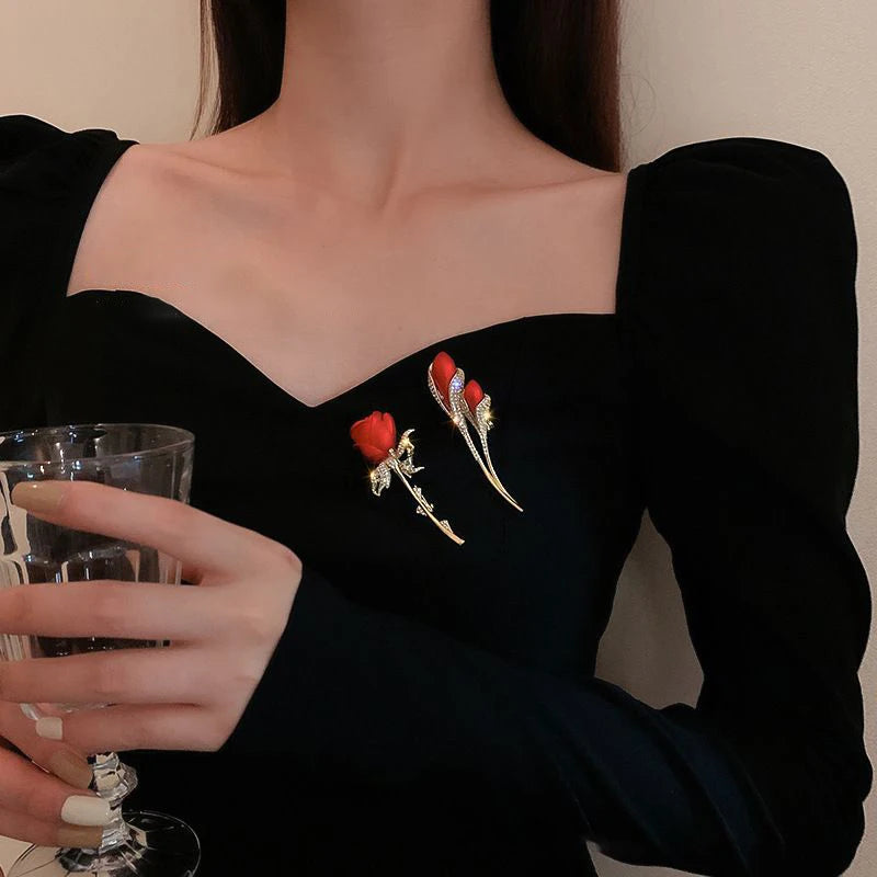 Red Rose Tulip Brooch Pin - Ladies Fashion Light Luxury Flower Design, Elegant Dress Suit Badge Accessory