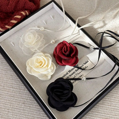 Romantic Rose Flower Necklace - New Adjustable Cloth Clavicle Chain, Fashion Retro Pearl Strap for Women