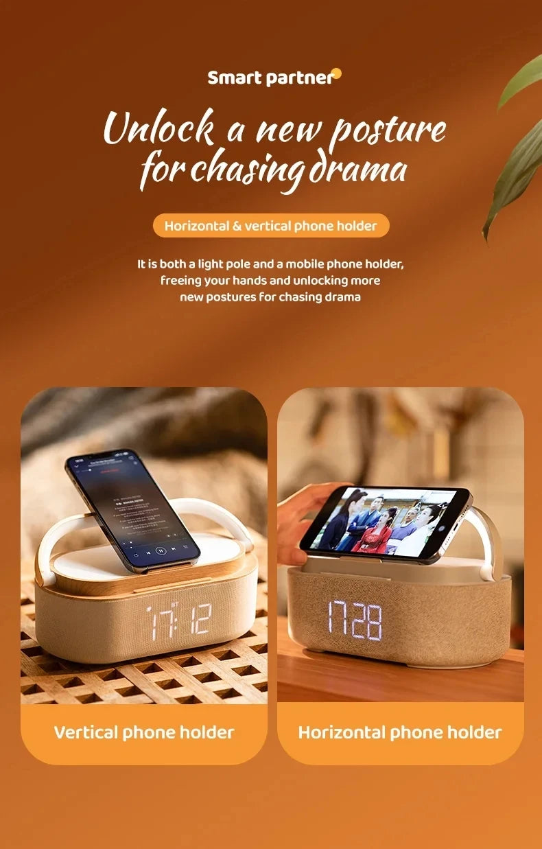 Portable Bluetooth Speaker with Wireless Charging — FM Radio, Alarm Clock, Music Sound Box, Night Light & Charger Lamp