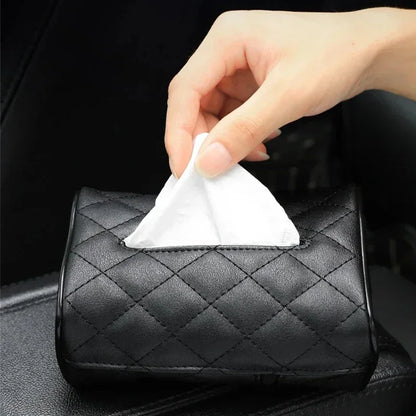 Checkered Leather Car Tissue Box – Solid Color, Wear-Resistant Sunshade Hanging Bag with Buckle Strap, Easy Installation