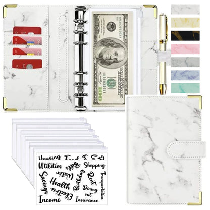 A6 Money Saving Organizer – PU Leather Budget Binder with Marble Notebook, 2023 Budget Planner, Envelope Office & School Supplies