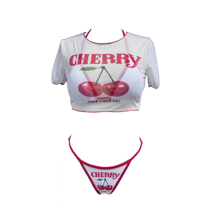 Women’s Cherry Print Three-Piece Bikini Set — Short Sleeve Swimsuit XS-L