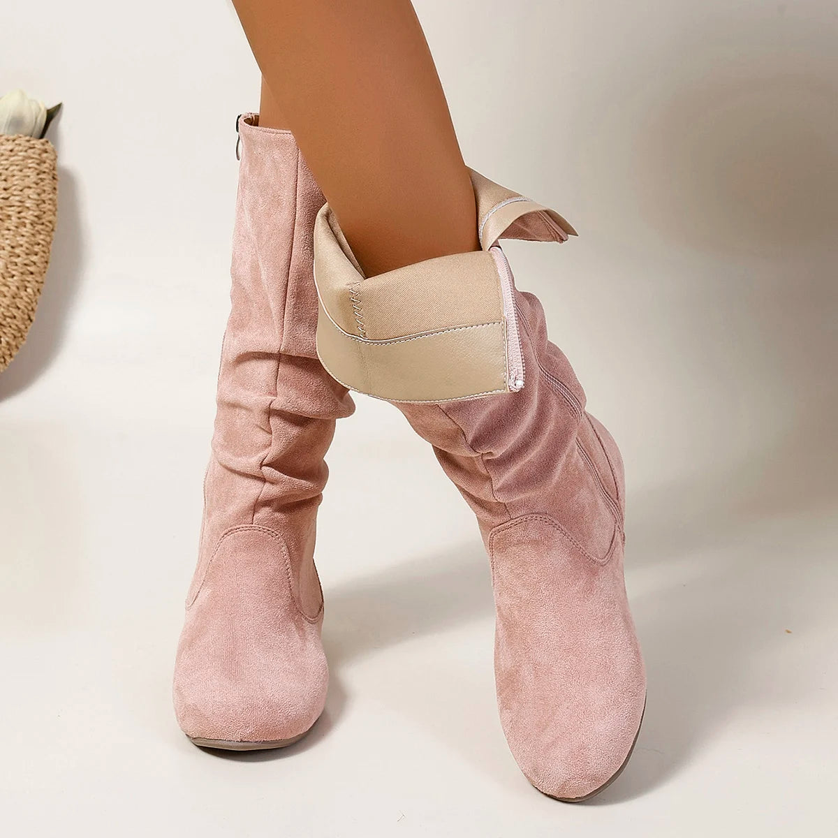 Pleated PU Women’s Fashion Boots – Casual Side-Zip Round Toe Flat High Solid Color Boots