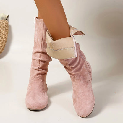 Pleated PU Women’s Fashion Boots – Casual Side-Zip Round Toe Flat High Solid Color Boots