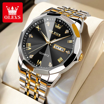OLEVS Men's Gold Quartz Wristwatch – Waterproof Luminous, Rhombus Mirror with Date and Week, Luxury Dress Watch