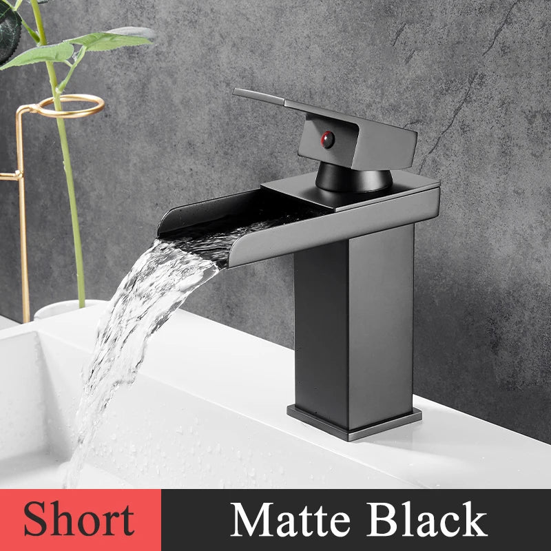 Bathroom Basin Sink Faucet - Deck Mount Waterfall Spout Tap with Single Handle, Hot & Cold Water Mixer for Vanity Washbasin