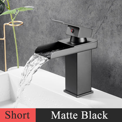Bathroom Basin Sink Faucet - Deck Mount Waterfall Spout Tap with Single Handle, Hot & Cold Water Mixer for Vanity Washbasin