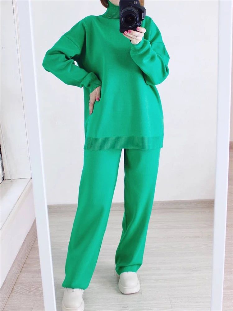 Women’s 2-Piece Autumn & Winter Knitted Tracksuit – Turtleneck Sweater with Straight Jogging Pants Set