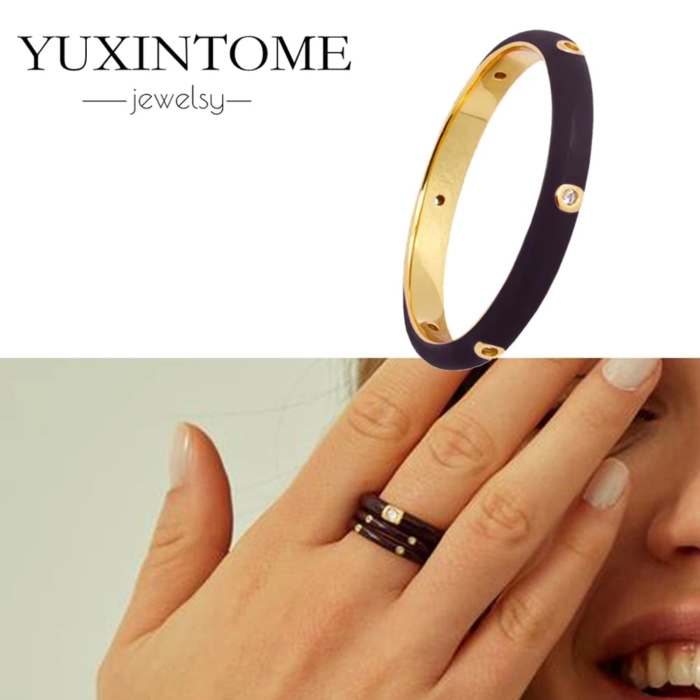 24K Gold-Plated & Silver Enamel Ring – Slim Round Women's Luxury Zircon CZ Ring in Green, Purple, Pink for Wedding & Anniversary