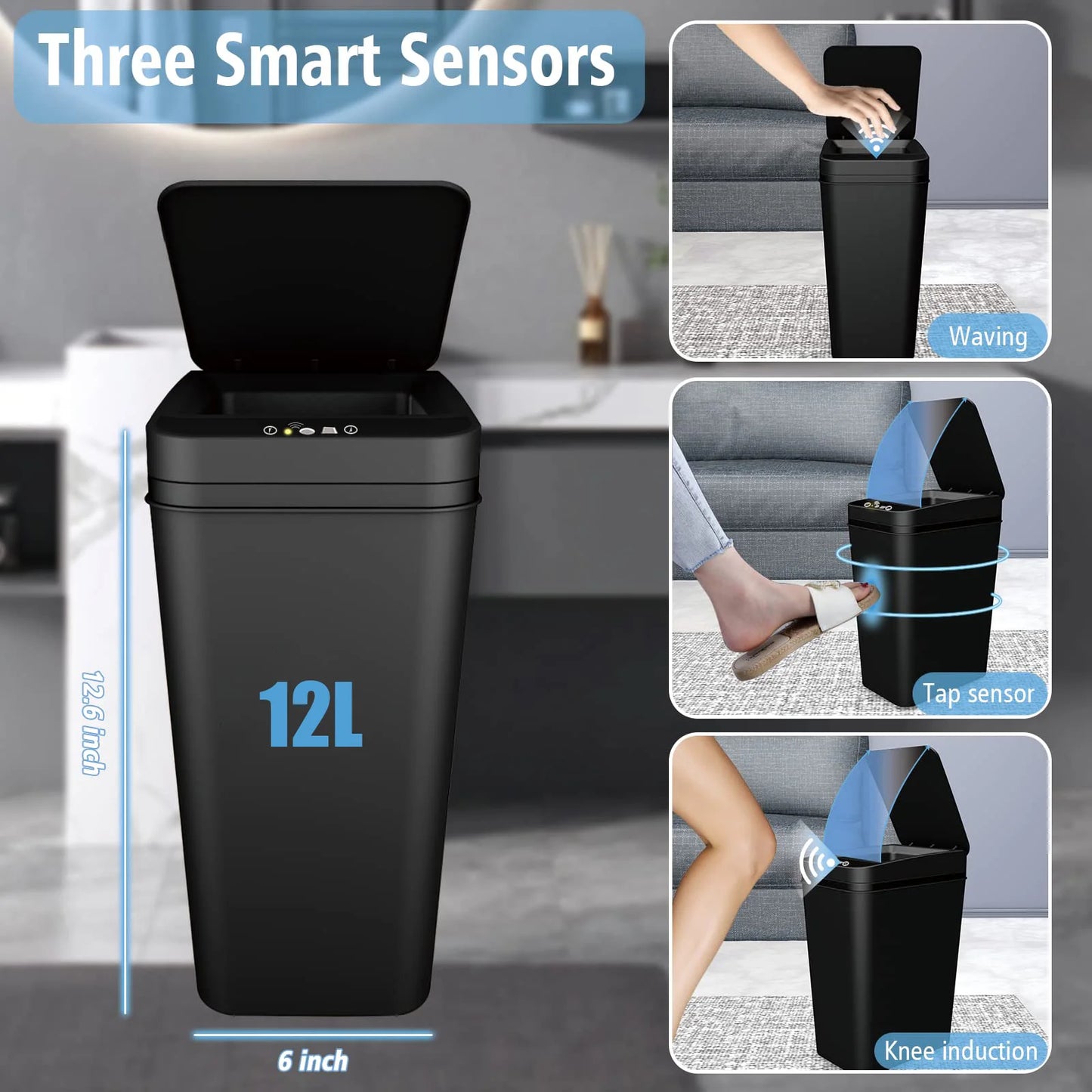 Touchless Motion Sensor Bathroom Trash Can with Lid – Slim Automatic Smart Garbage Bin for Bedroom, Office & Living Room