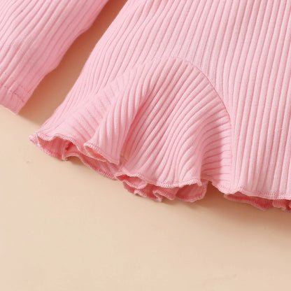 Newborn Baby Girls Clothes Set – Pink Ruffle Top & Heart Print Bow Trousers, Princess Casual Outfit for Infants
