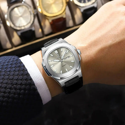 POEDAGAR Luxury Men’s Square Quartz Watch – Luminous Waterproof Leather Strap with Week Calendar