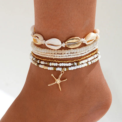 5pcs Boho Vintage Metal Anklet Set – Butterfly, Star & Heart Pendant Pearl Foot Bracelets for Women, Beach Fashion Jewelry Accessory