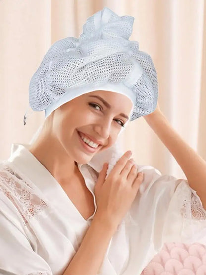 Reusable Mesh Plopping Bonnet — Adjustable Hair Drying Hood with Drawstring