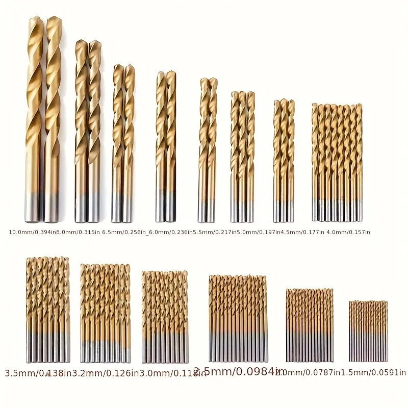 Titanium Coated High Speed Steel Drill Bit Set - 50/99pcs Hex Shaft Twist Bits for Metal Wood & Plastic Drilling