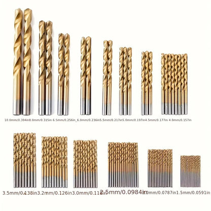 Titanium Coated High Speed Steel Drill Bit Set - 50/99pcs Hex Shaft Twist Bits for Metal Wood & Plastic Drilling