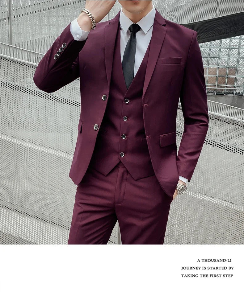 Men’s Business Suit Set — Blazer, Vest & Pants, Slim Fit Solid Color Wedding & Formal Dress Suit, Plus Size