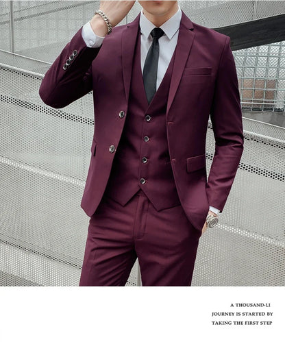 Men’s Business Suit Set — Blazer, Vest & Pants, Slim Fit Solid Color Wedding & Formal Dress Suit, Plus Size