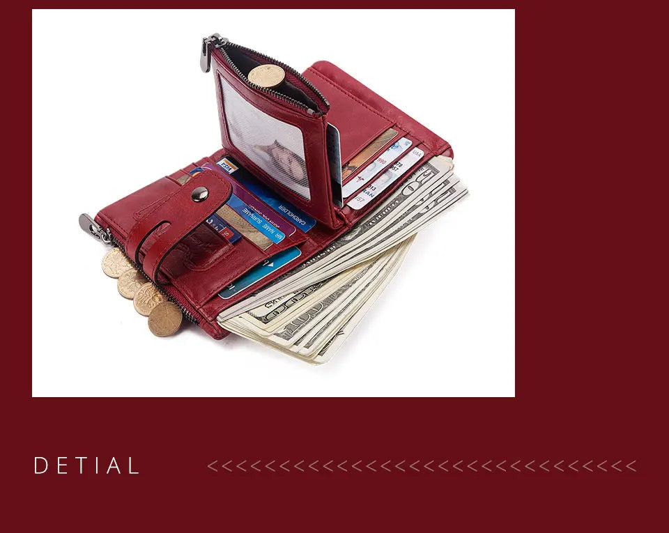 Fashion Women’s Leather Wallet — Genuine Leather Clutch with Hasp & Double Zipper, Short Coin Pocket and ID Card Holder Purse