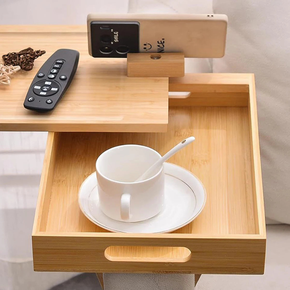 Sofa Armrest Tray with Storage Box – Bamboo Couch Arm Table with 360° Rotating Top & Phone Stand