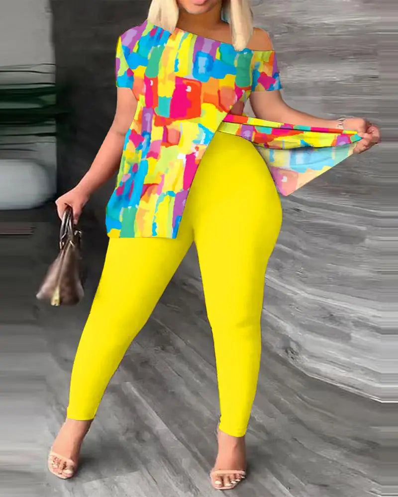 Elegant Women’s Two-Piece Set – Printed Ruffle Sleeve Top & Solid Color Pants with Belt