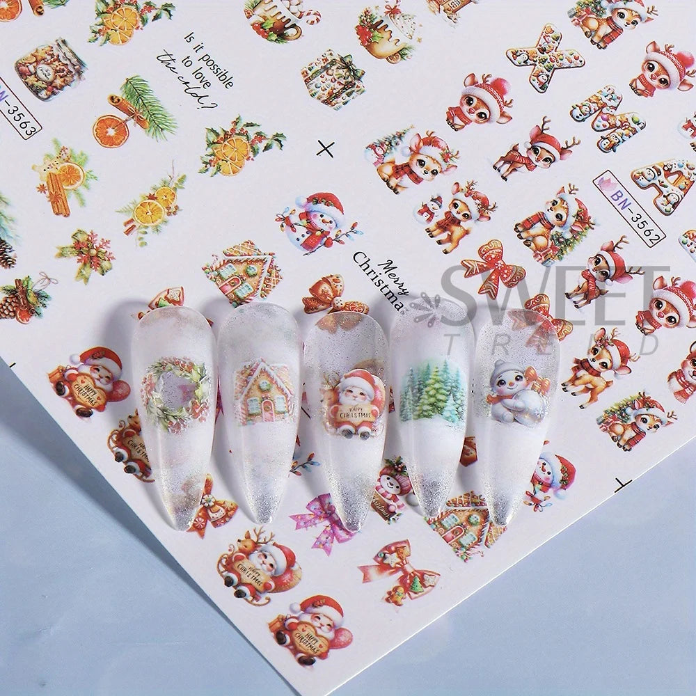 12 Christmas Nail Watermark Stickers – Gingerbread, Deer, Bow, Snowflake & Santa Designs