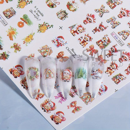 12 Christmas Nail Watermark Stickers – Gingerbread, Deer, Bow, Snowflake & Santa Designs