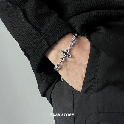 Retro Flame Cross Bracelet - Unisex Hip Hop Titanium Steel Splice Chain Charm, Kpop Luxury Jewelry for Men & Women