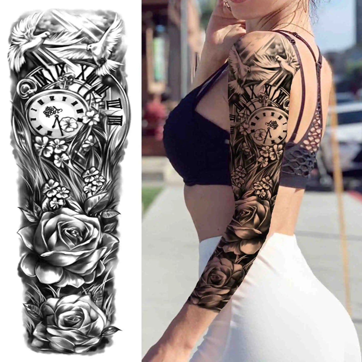 Full Arm Temporary Tattoo Sleeve - Realistic Warrior Lion Tiger Flower & Maori Design Fake Tattoos