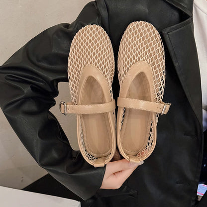 Women's Summer Fishnet Mary Jane Flats – Round Toe Cut-Out Buckle Comfort Shoes