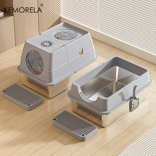 KEMORELA XL Stainless Steel Cat Litter Box – Extra Large Enclosed Litter Box with High Sides & Removable Scoop for Big Cats